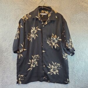 Premier International Hawaiian Shirt Men's L Black Floral Short Sleeve Button-Up